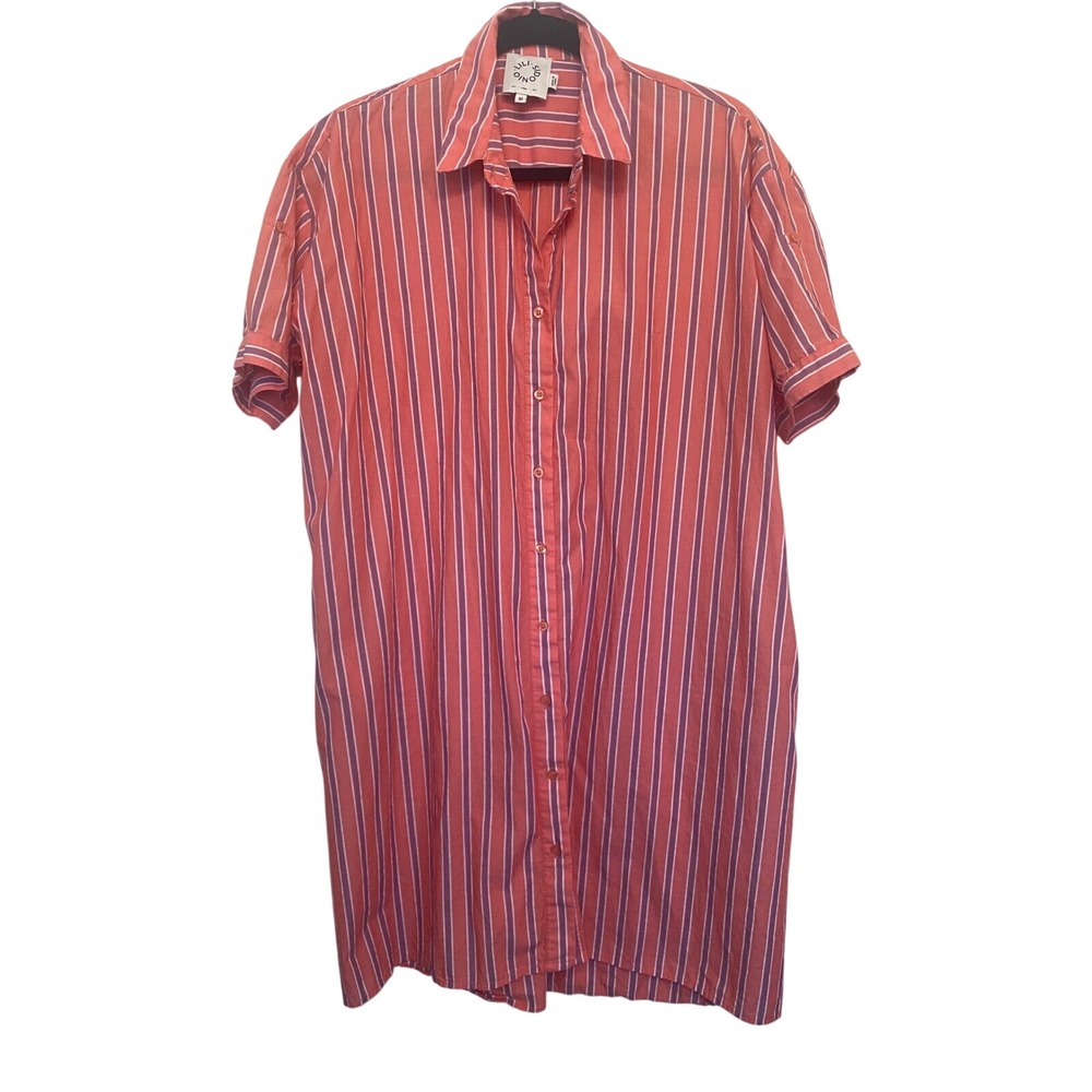 Lili Sidonio Shirt Dress Striped Cotton Short Sleeve Women M Coral Purple Casual